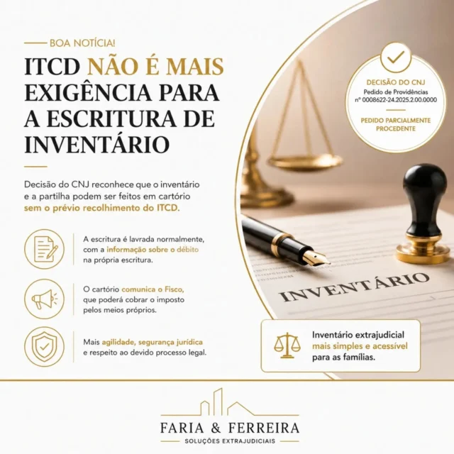 Decisão do CNJ confirma: os cartórios não podem exigir o pagamento prévio do ITCD para lavrar a escritura de inventário.

​Por que isso importa?

​O inventário não fica parado por falta de caixa imediato para pagar o imposto.

​Os herdeiros ganham flexibilidade no planejamento tributário.

​Processos em cartório ficam mais rápidos e simplificados.

​Dúvidas sobre como aplicar essa regra ao seu caso? Deixe nos comentários ou envie uma mensagem! 📥
​

​#DireitoSucessorio #InventarioExtrajudicial #CNJ #ITCD #CartorioDeNotas